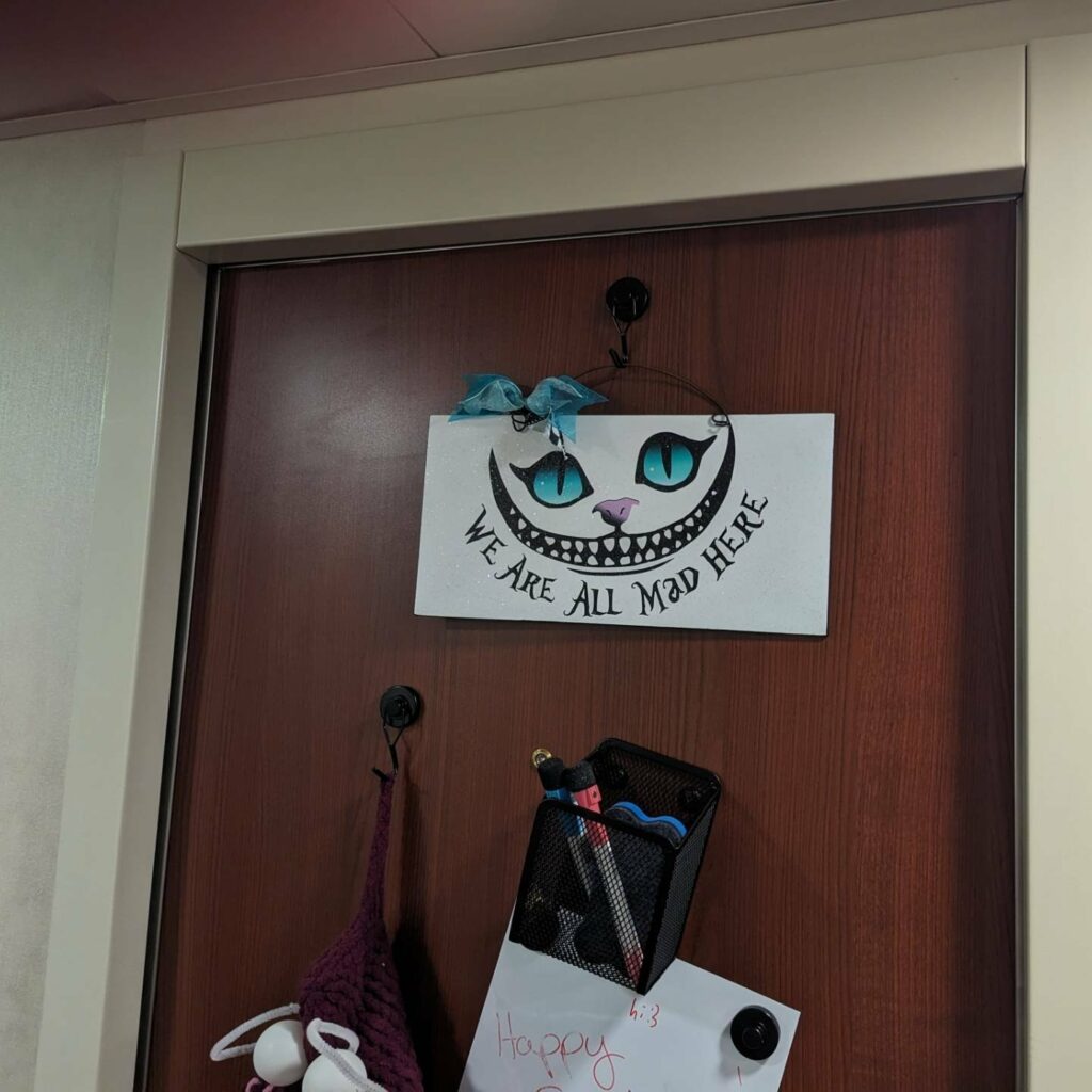 A decorated door on the JoCoCruise with an Alice in Wonderland theme. An image of the Cheshire Cat's smile and eyes says, "We are all mad here"