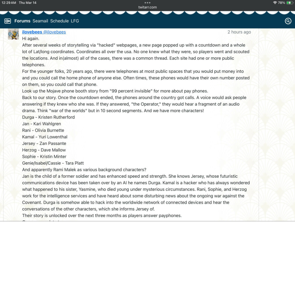 Another image showing an update on the twitarr forum. The text is copied below. 